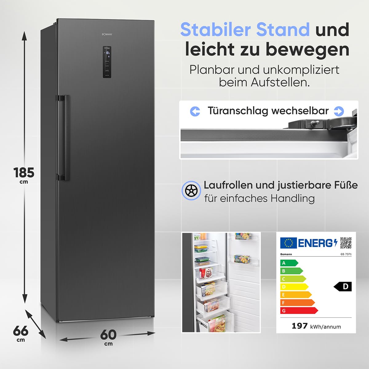 Bomann® Gefrierschrank Nofrost | Energieklasse D | 185cm | MultiAirflow | 5 Jahre Kompressor-Garantie | -14°C bis -22°C | Tiefkühlschrank | 274L | Türanschlag wechselbar | Freezer | GS 7371 inox