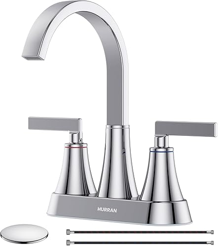 Hurran - Grifo para lavabo de baño, cromado de 4 pulgadas, 3 agujeros con drenaje emergente y líneas de suministro, grifo de cascada giratorio de