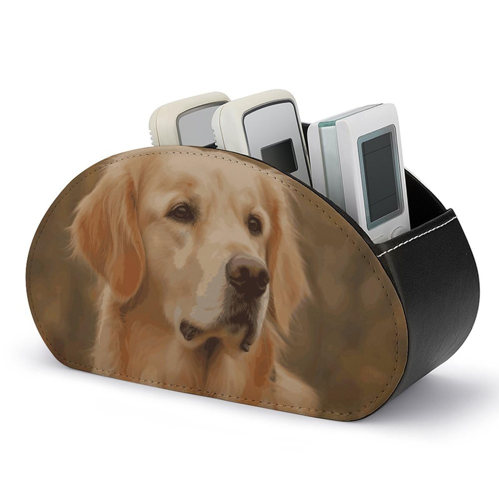 DWVTSLH Golden Retriever Remote Control Holder with 5 Compartments - PU Leather TV Remote Holder Remote Caddy Desktop Organizer Makeup Brush Holder, Remote Storage Box for Home Office