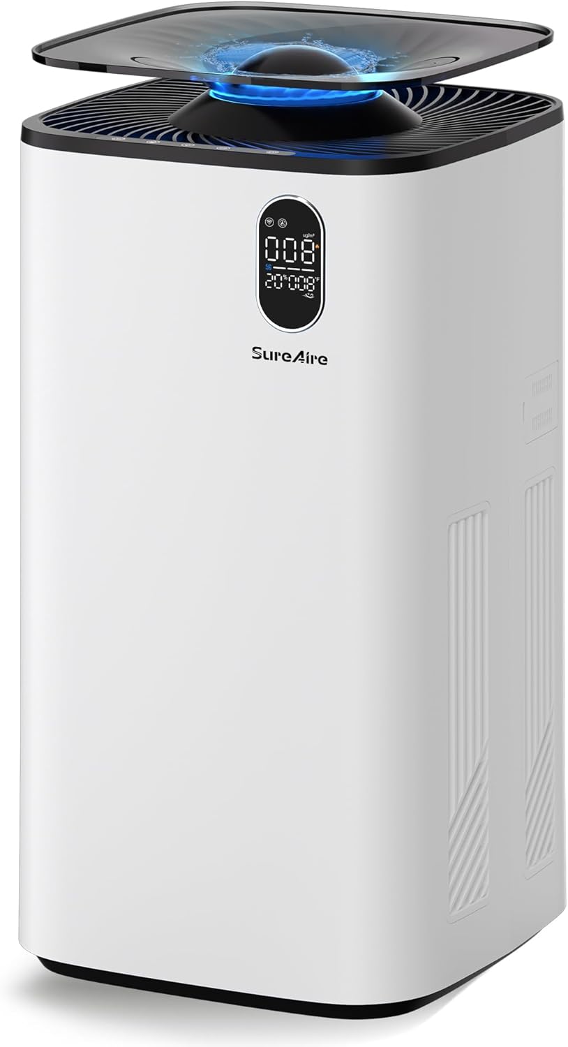 Evaporative Humidifier with Auto Humidity Control, 6L Water Tank with Top-Fill Access, Mist-Free Design, Humidification with Cool & Warm Air, Wheels & Filter Reminder for Home Use