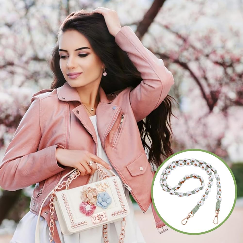 Beebeecraft Flower Shoulder Strap Cotton Rope Daisy Saddle Brown Purse Chain Handles Replacement with Metal Clasp