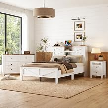 Farmhouse Bedroom Set 3 Pieces,Full Size Wood Platform Bed Frame, Nightstand and Dressing Table, Queen Full Bedframe with Double Sliding Door Headboard and Charging Station White, Full