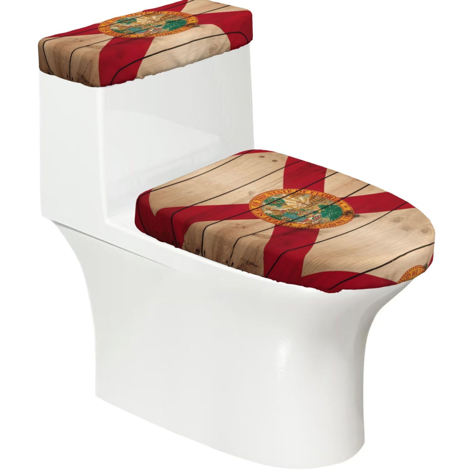 Florida Flag Wood Grain Printed Toilet Tank and Lid Cover Set of 2 for Most Bathrooms, Fits Elongated Round Toilets