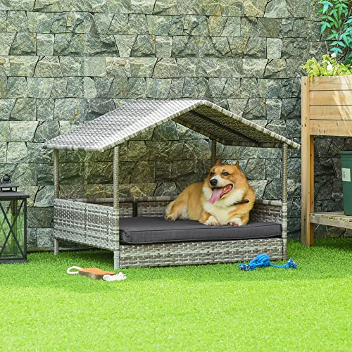 PawHut-Wicker-Dog-House-Outdoor-with-Canopy-Rattan-Dog-Bed-with-Water-Resistant-Cushion-for-Small-and-Medium-Dogs-Charcoal-Gray - Cucciolini Doodles   PawHut-Wicker-Dog-House-Outdoor-with-Canopy-Rattan-Dog-Bed-with-Water-Resistant-Cushion-for-Small-and-Medium-Dogs-Charcoal-Gray