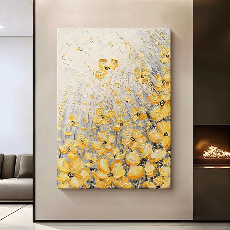 Générique Tableau Sur Toile, Décoration Murale Originale, Peinture À L'Huile Florale 100% Peinte À La Main, Fleur Jaune, Sans Cadre, Œuvre D'Art...
