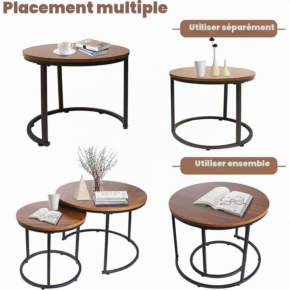 BAKAJI Lot de 2 Tables de Salon à encastrer, Forme Ronde avec Structure en métal Noir et Plateau en Bois Noyer, Tables à café économise Espace Design Industriel, décoration de Salon, Maison