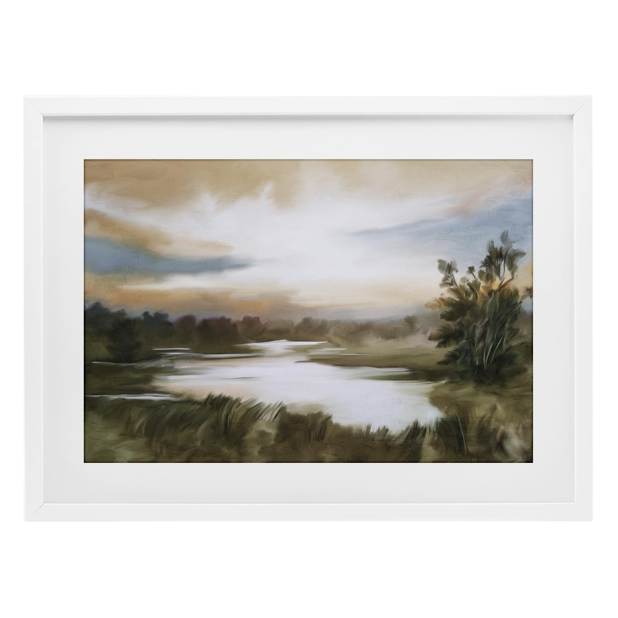Stupell Industries 'Sunset Pond Countryside', Framed Print Under Glass, White, 20 x 14 Inches, Easy to Hang and Sturdy, Made in USA, by Kim Allen