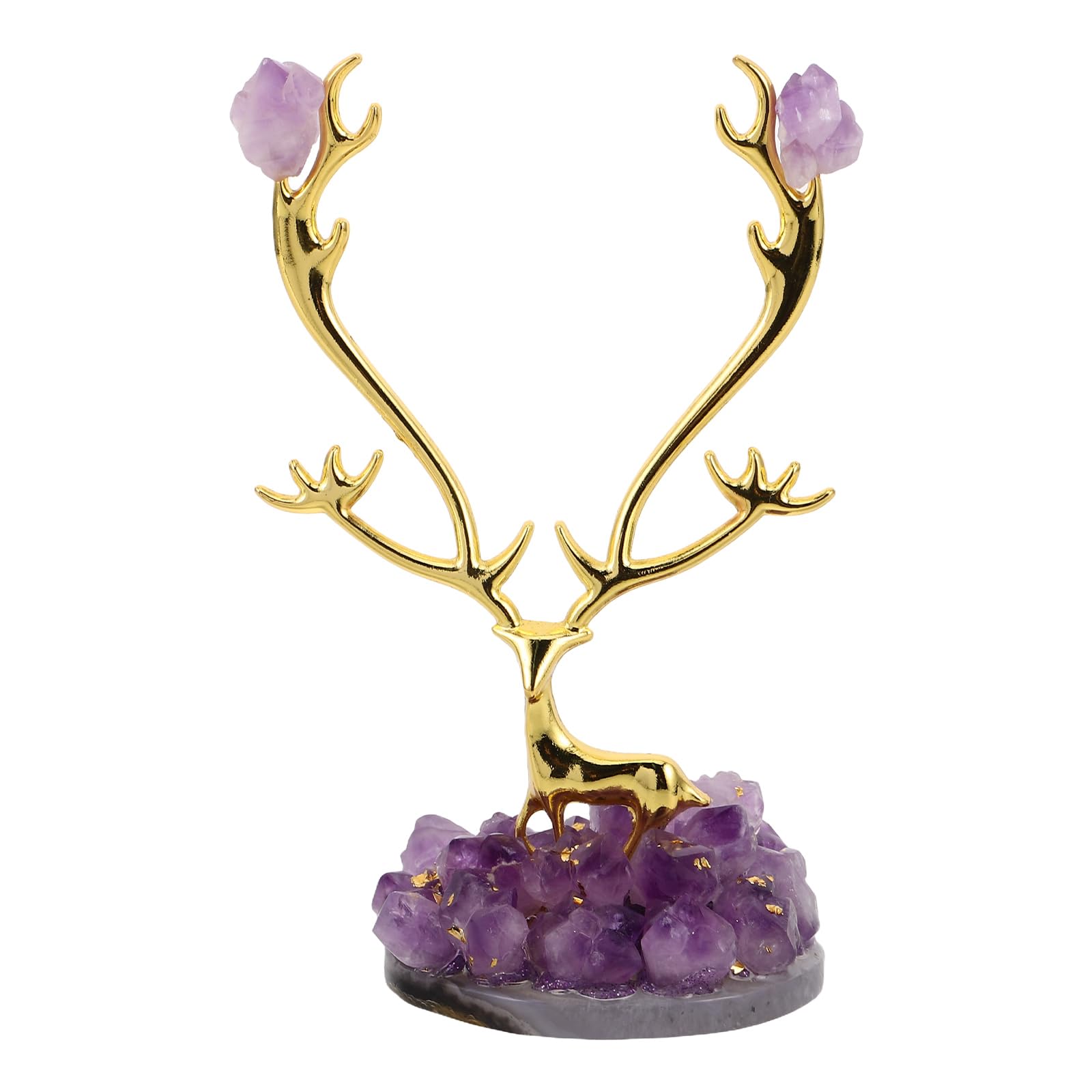 Figurine cerf sika en alliage d'art et socle en améthyste véritable de Madagascar