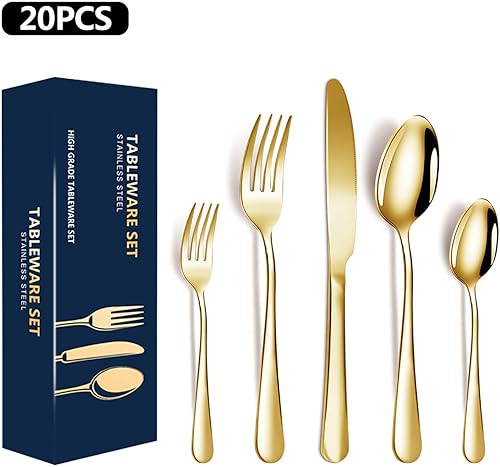 Miniatura 6 de Juego de cubiertos dorados de 20 piezas, juego de utensilios de servir de acero inoxidable, servicio de cubiertos para 4, apto para lavavajillas,