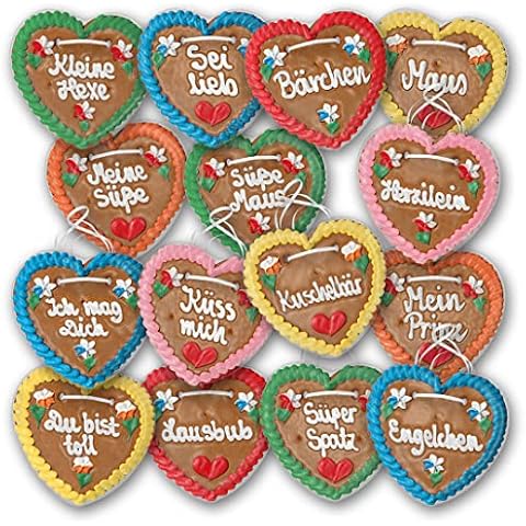 10 Stück Lebkuchenherzen " Bunt " beschriftet 14cm groß / 70g schwer. Original frische Oktoberfestlebkuchenherzen aus München. Lebkuchen Herzen günstig kaufen | Konditorei Zuckersucht (10 Stück) Cover