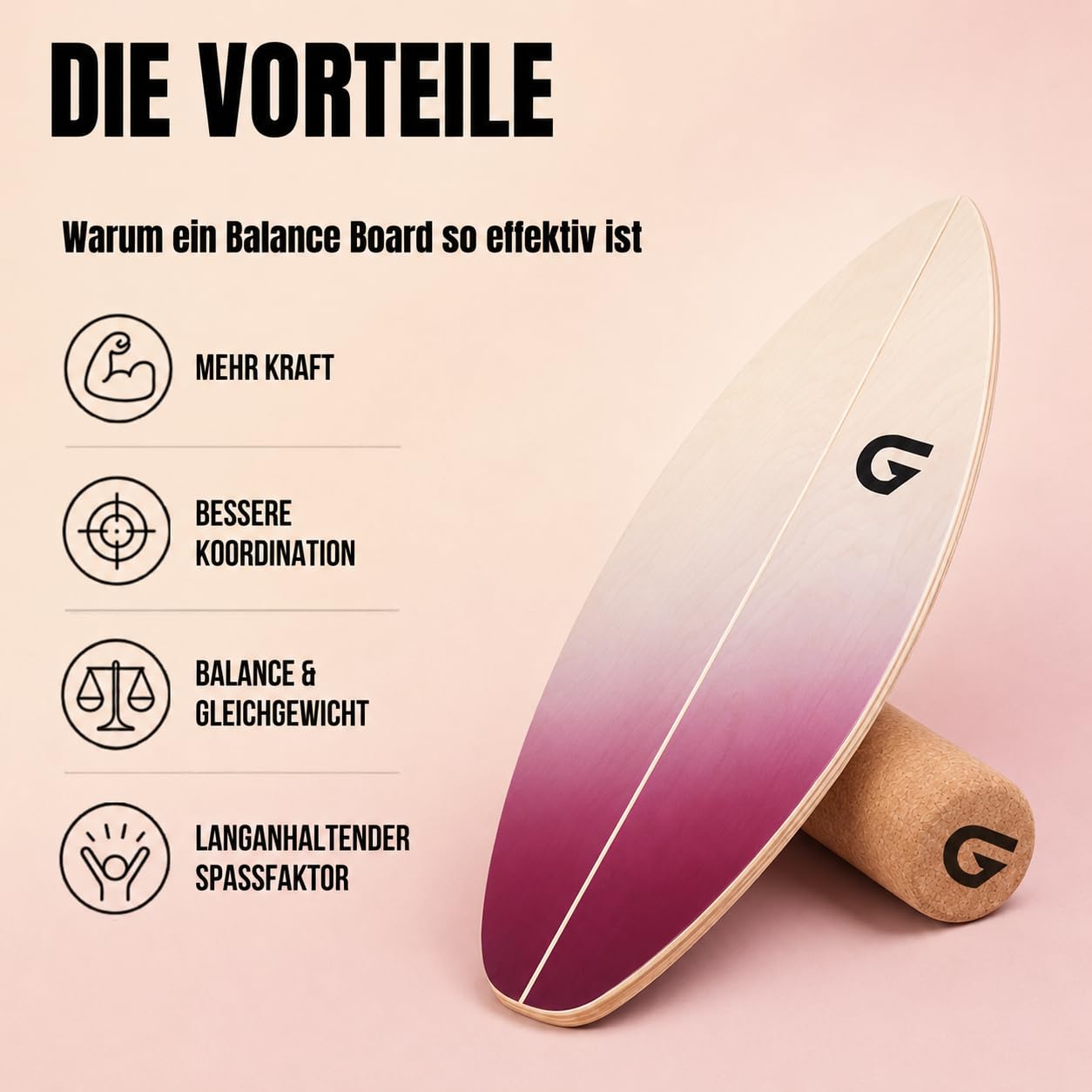 Glory Boards® Balance Board – Handmade - 100% Birkenholz - Inklusive Korkrolle - Optimal für Gleichgewichts- & Krafttraining, Für Einsteiger & Fortgeschrittene, Indoor & Outdoor