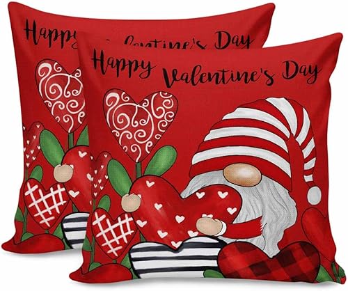 Pack of 2 Cotton Throw Pillow Covers, Happy Valentine's Day Red Love Flowers Heart Gnomes Soft Square Pillow Covers Home Decoration Pillowcases for