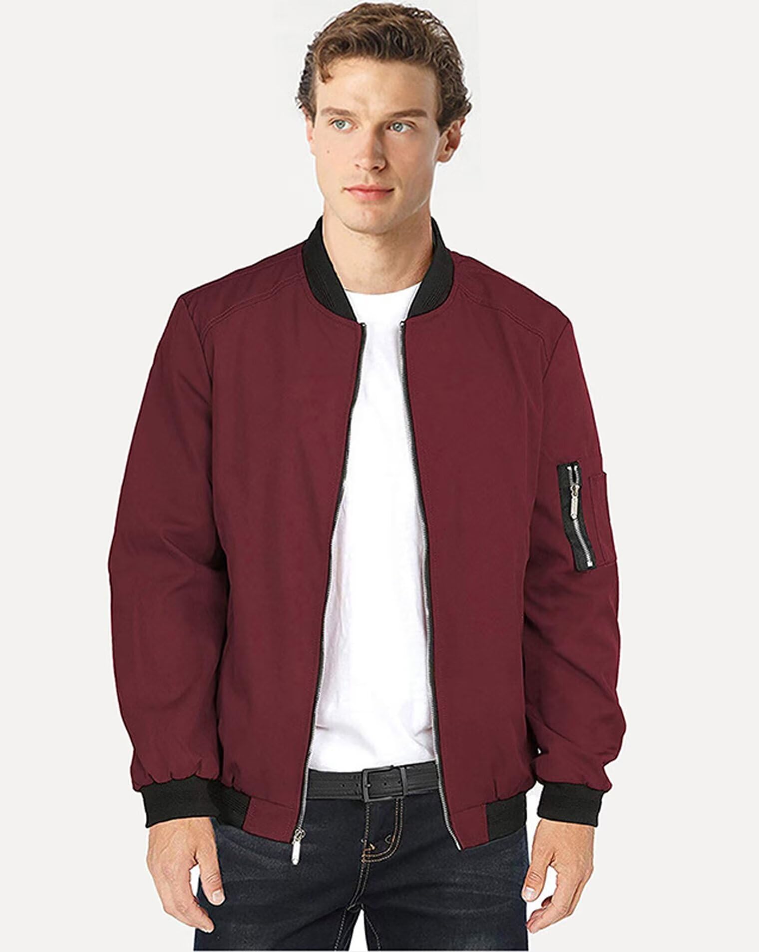 Uomo Primavera Autunno Classica Leggero Casual Jacket Cappotto Cotone Softshell Sottile Sportiva Baseball Bomber Collare Estivo Comodo Giubbotto All'Aperto Giacca Uomo Rosso scuro L