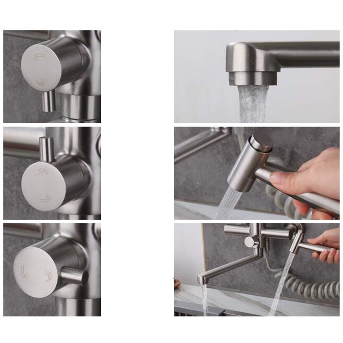 Wasserhahn Küche Wandarmatur Für Küche, Mit Spritzpistole Und 2 Wasserstrahlarten, Wasserhahn Wand Schwenkbarem 360°-Auslauf,Einfache Montage Küchenarmatur Wandmontage (Gebürstetes Nickel)