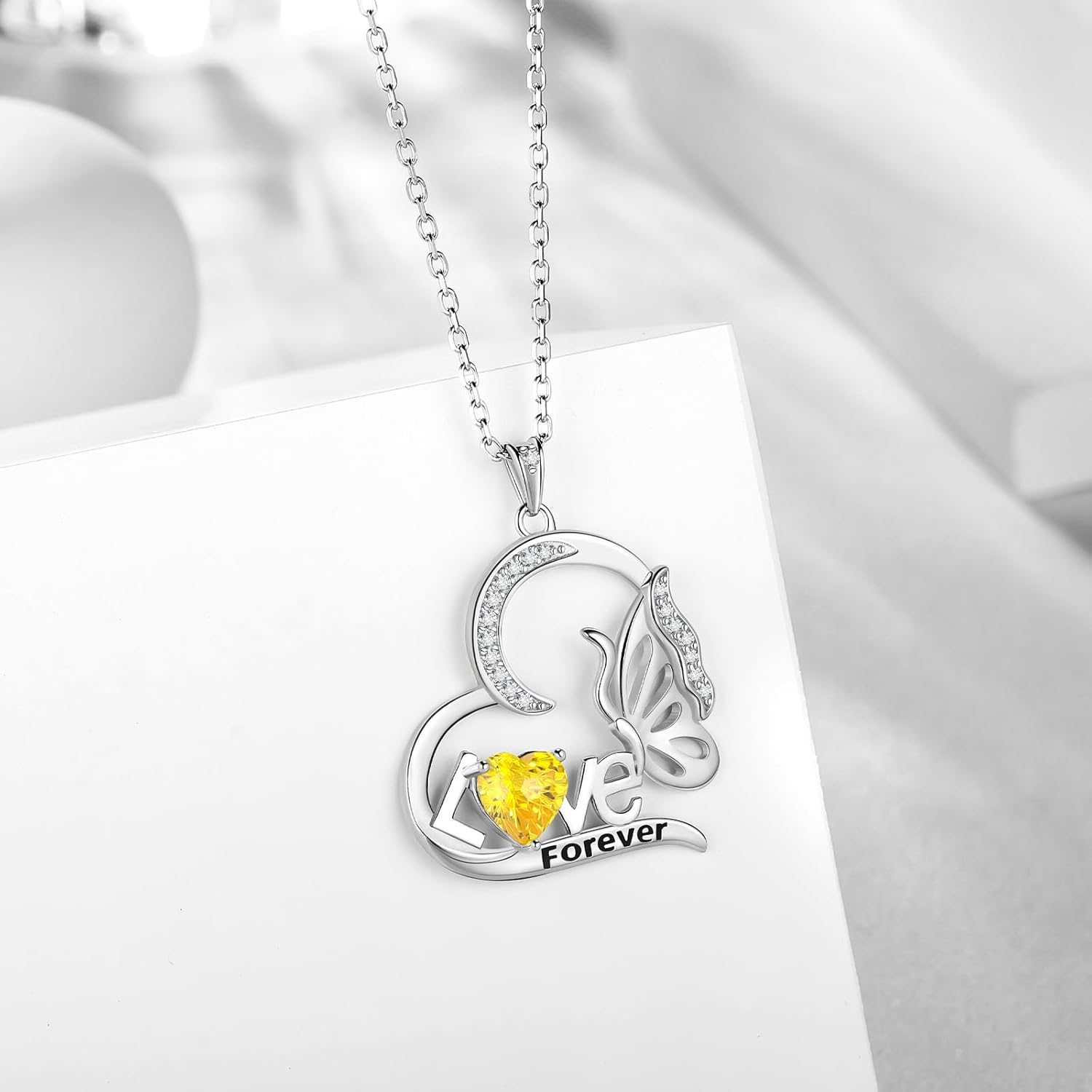 Aurora Tears Birthstone Love Heart Butterfly Pendant Necklace - 925 Sterling Silver Firework-Cut Cubic Zirconia Love Forever Necklace Anniversary Birthday Jewelry Gift for Women Wife Mom Daughter - Image 3