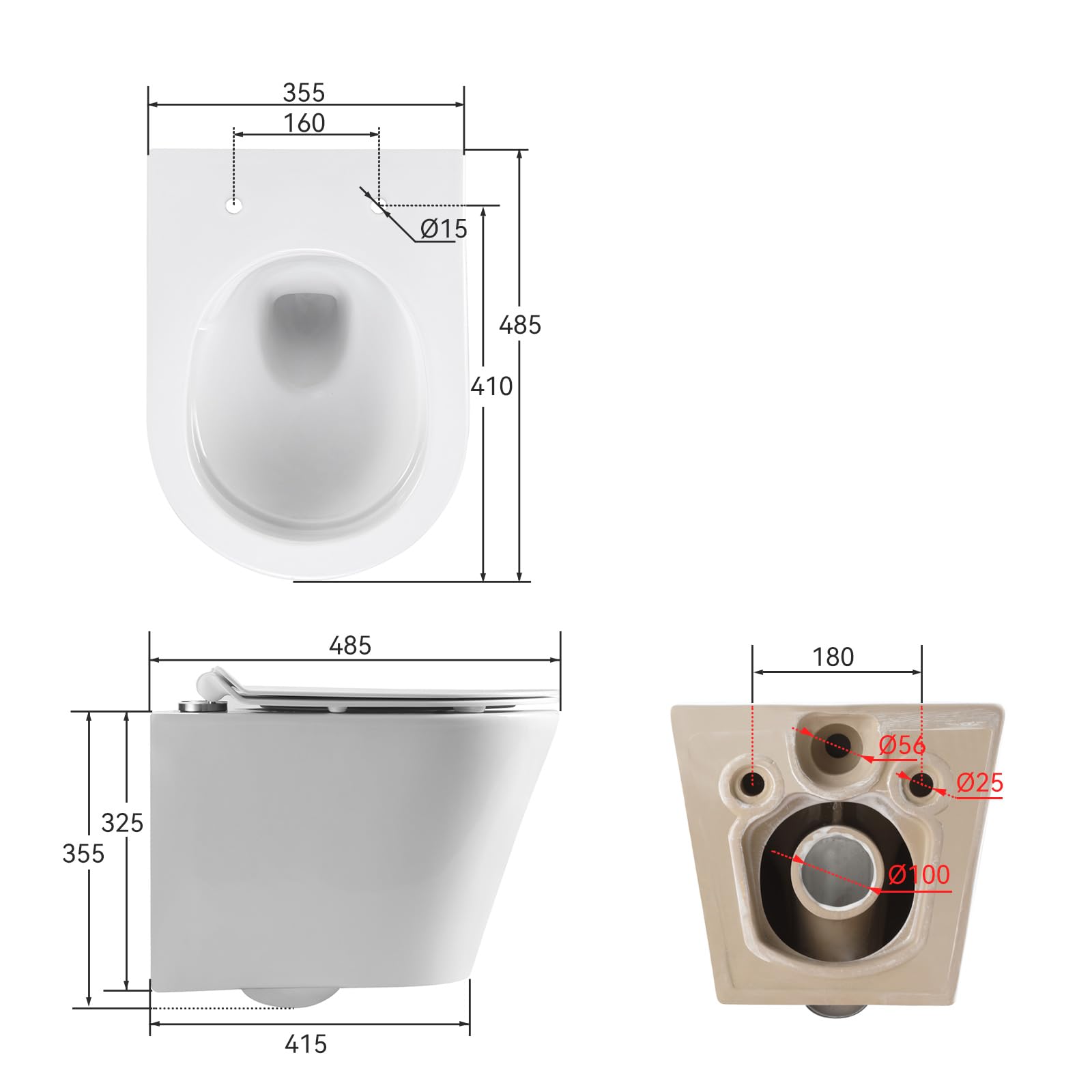Teal Home WC sospeso da parete con coperchio per WC con abbassamento automatico – WC in ceramica con rivestimento nano – Balsamo singolo foro – 48,5 × 35,5 × 35,5 cm