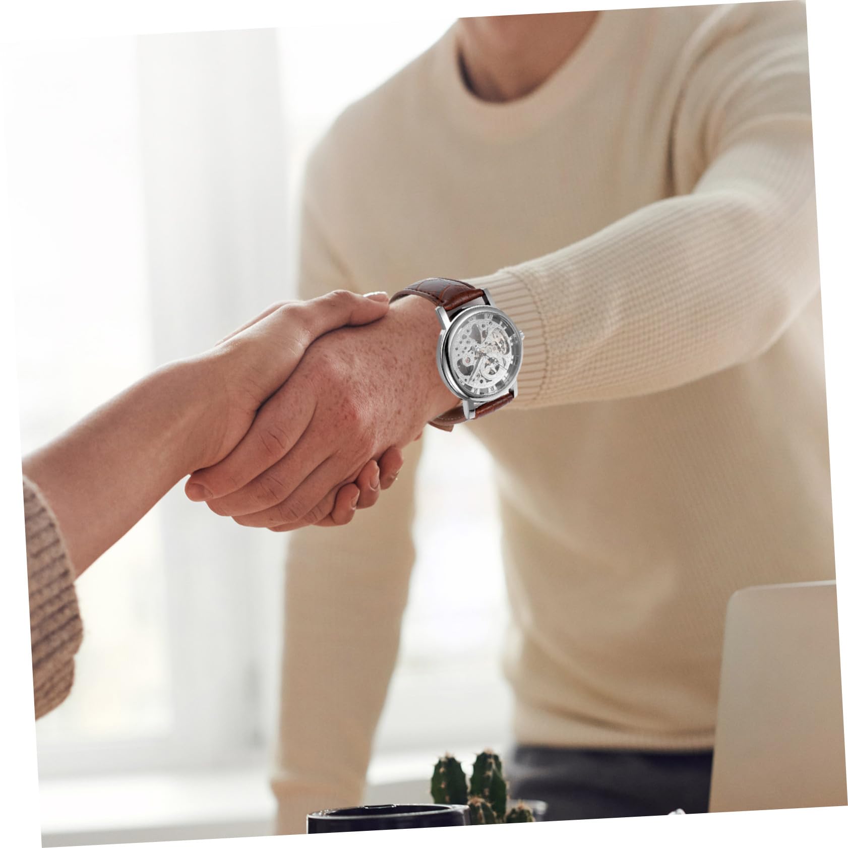 Healvian Winner Orologio Meccanico Manuale con Rotondo Cinturino PU Regolabile Marrone e Cassa Preciso e Design