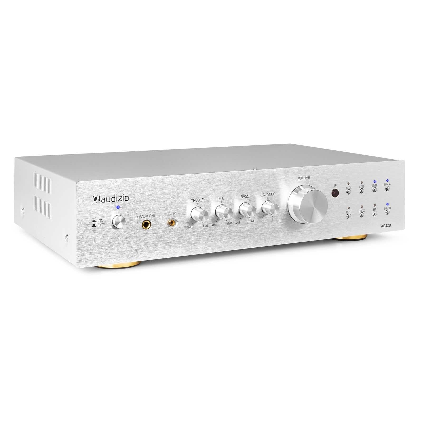 Audizio AD420A Amplificador Hi-FI de 400w (4 Canales x 100w) y Bluetooth, 1 Salida subwoofer, Salida óptica y coaxial, 2 Salidas de Altavoz, MP3, EQ, Ideal para Escuchar tu música, Color Aluminio