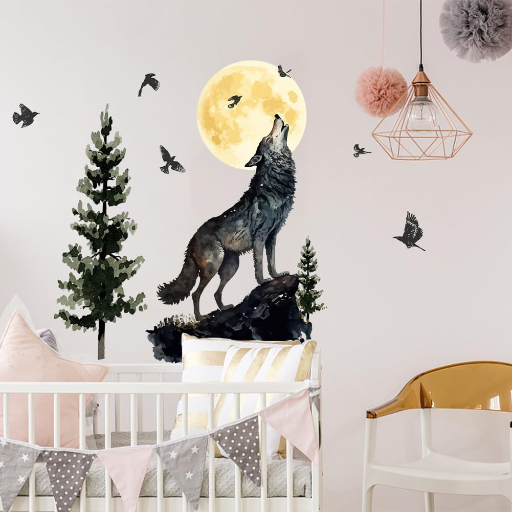 SUPERDANT Forest Animal Wall Sticker Self Adhesive Vinyl Watercolor Moon Night Wolf Wall Decor Wolves Home Wallpaper Stickers for Bedroom Living Room PVC Peel and Stick Decals DIY Decors