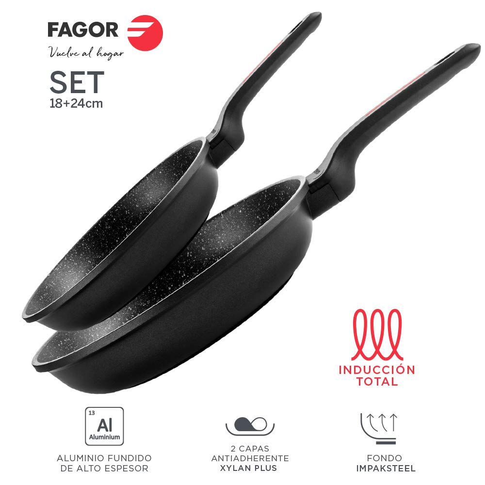 Fagor Alutherm - Set Sartenes 18 + 24cm, Aluminio Fundido, Antiadherente Bicapa, Todo Tipo de Cocinas, Inducción, Diseño Ergonómico, Fondo Difusor