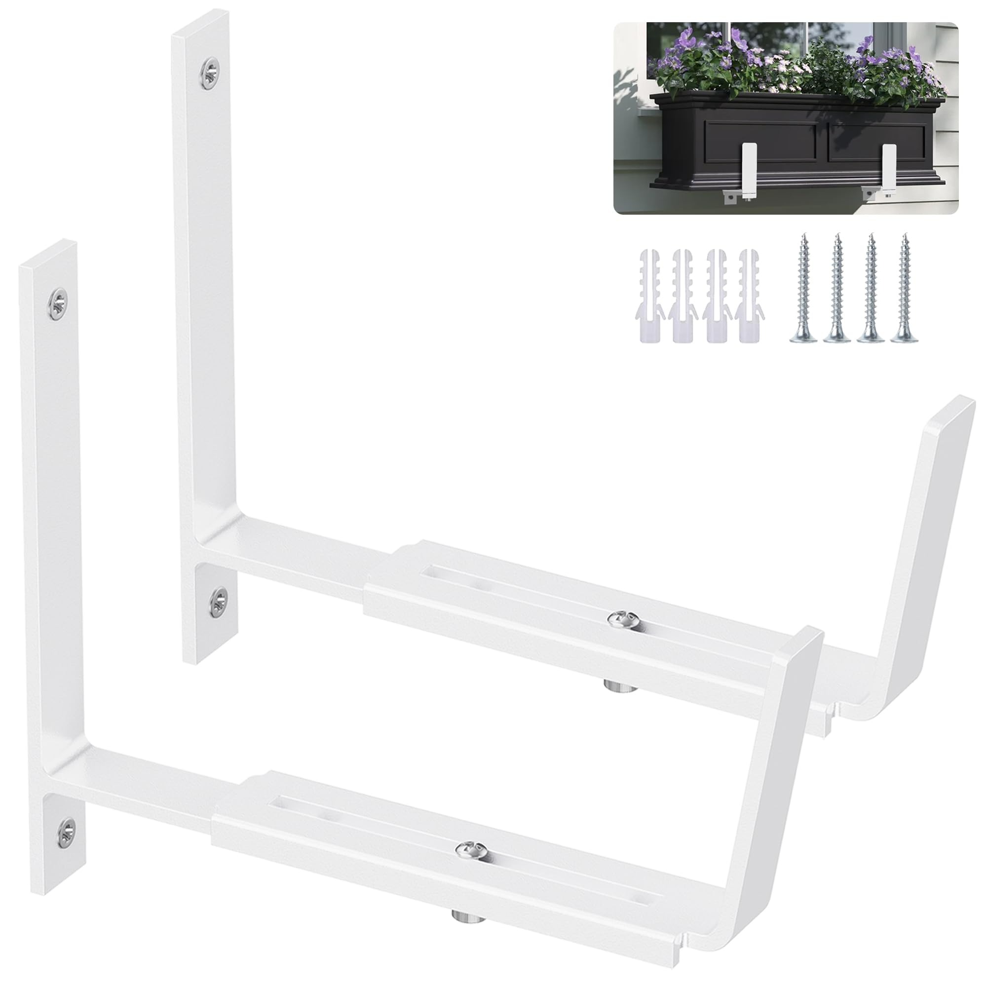 Y&M 2 Pack Adjustable Planter Brackets (6 to 12.5 in), Universal Window Box Mounting Hooks, Heavy Duty Iron Flower Box Wall Mounts for Balcony, Fences