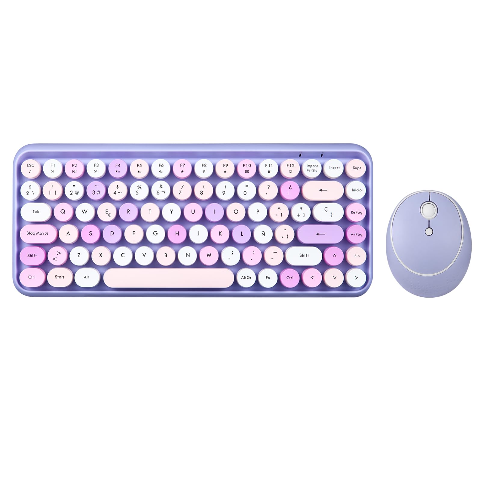 Perixx PERIDUO-713PP ES Set de ratón y Mini Teclado inalámbrico 2.4 GHz, Teclas Redondas Estilo Retro, para PC y Tablet, Morado Pastel, Español QWERTY
