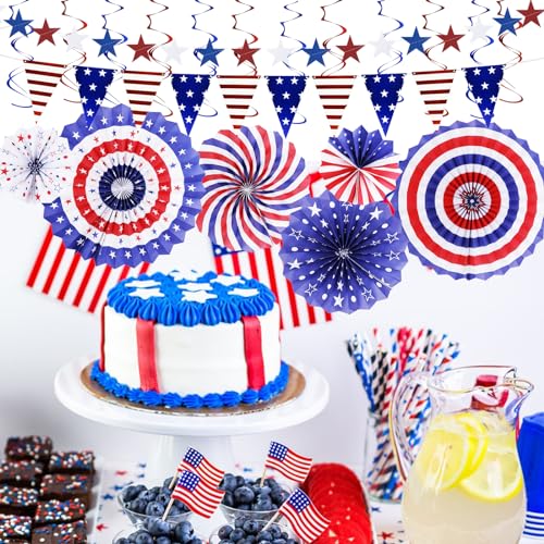 Image of 20Pcs 4th /Fourth of July Patriotic Decorations Set Independence Day Decor Red White Blue Paper Fans USA Flag Pennant Star Streamer Hanging Swirls Party Decor Supplies for Memorial Day, Flag Day