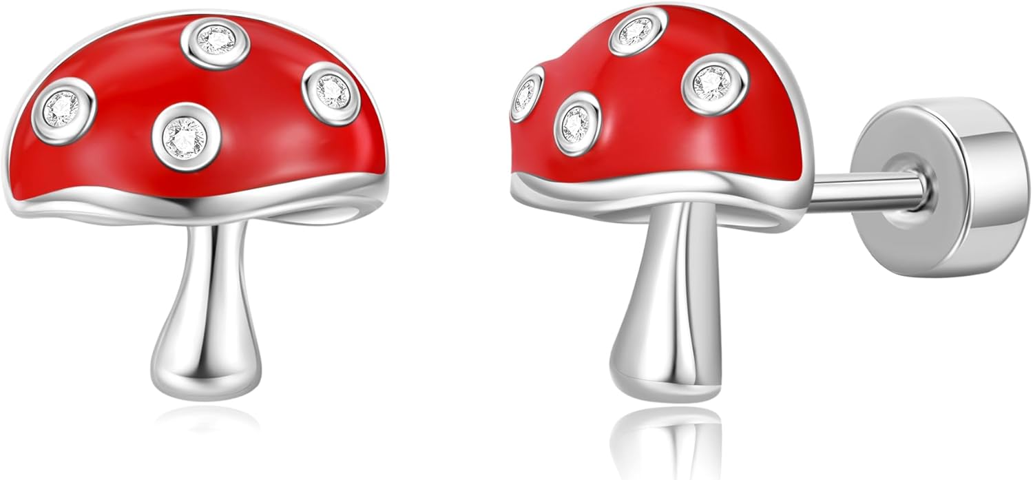 Hanreshe Mushroom Screw Back Earrings for Girls 14K Gold Plated Hypoallergenic Mushroom Crystal Stud Earrings