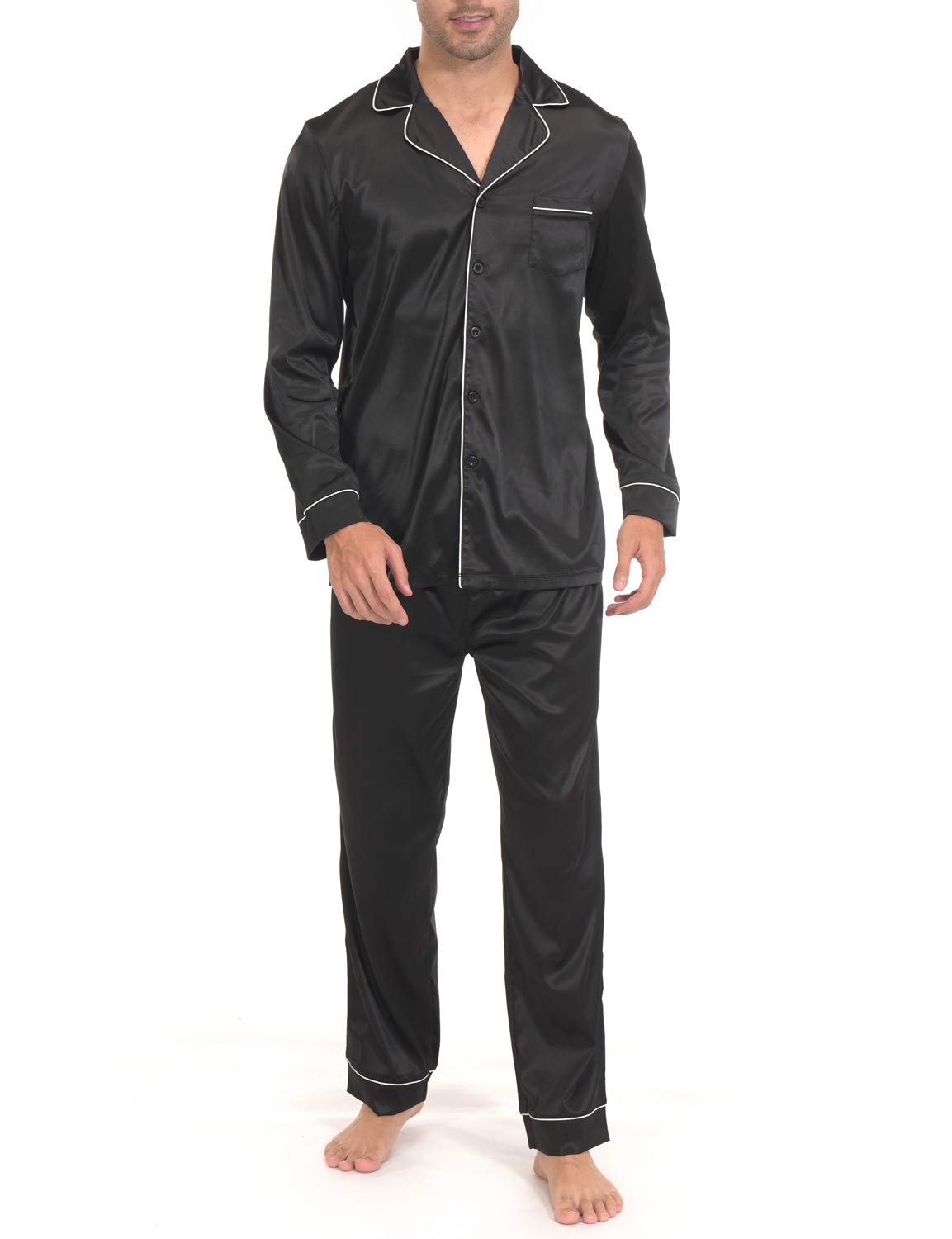 Indefini Men's Satin Pajama Set Button Down Silky Pj Sets Sleepwear Loungewear, Black - S