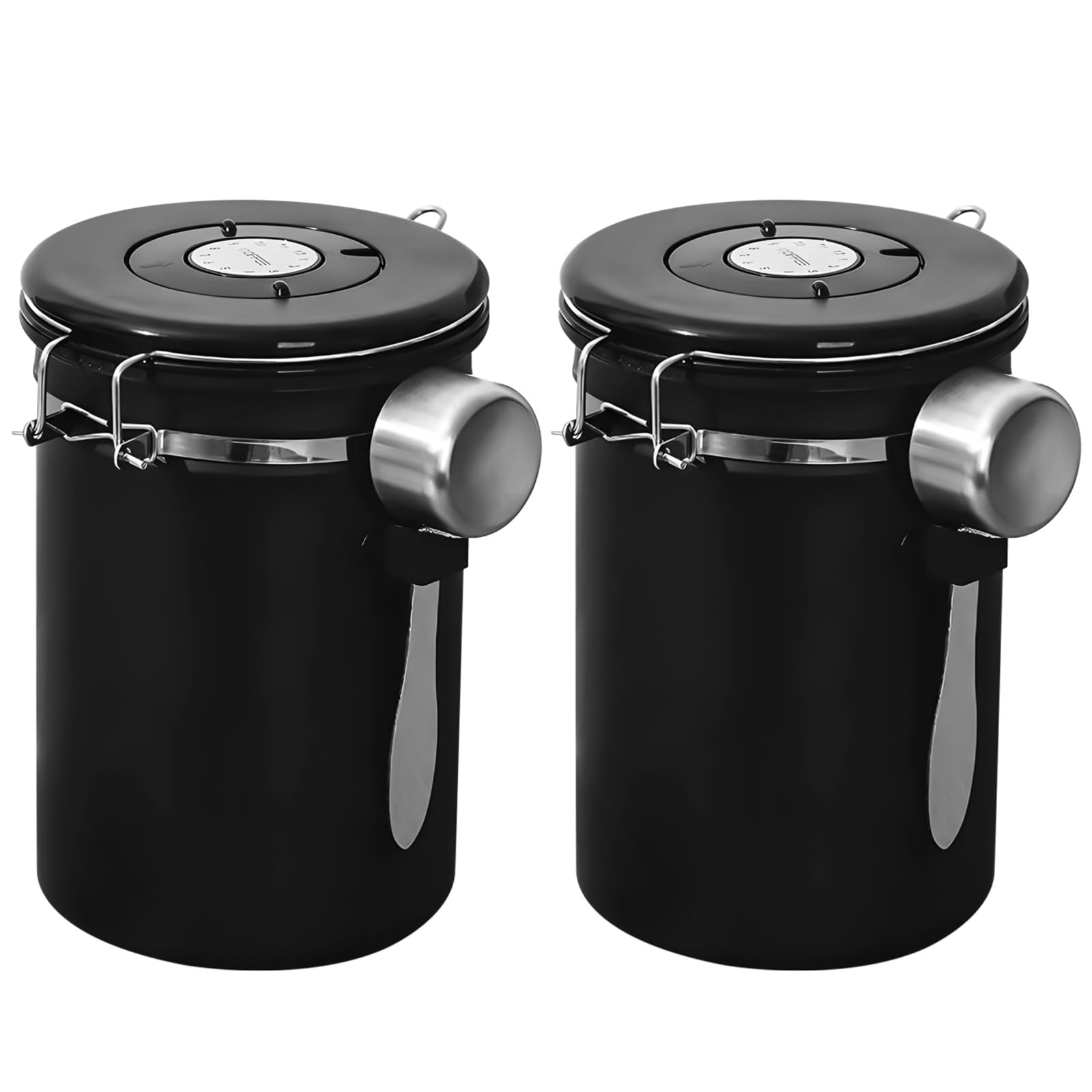Packool Black 2 Pcs Coffee Canisters, Stainless Steel Food Containers 1.8 L/1.9 Qt Airtight Coffee Storage Containers With One-Way Valve, Date Tracer, And Scoop, Vacuum Seal Jars For Beans, Sugar