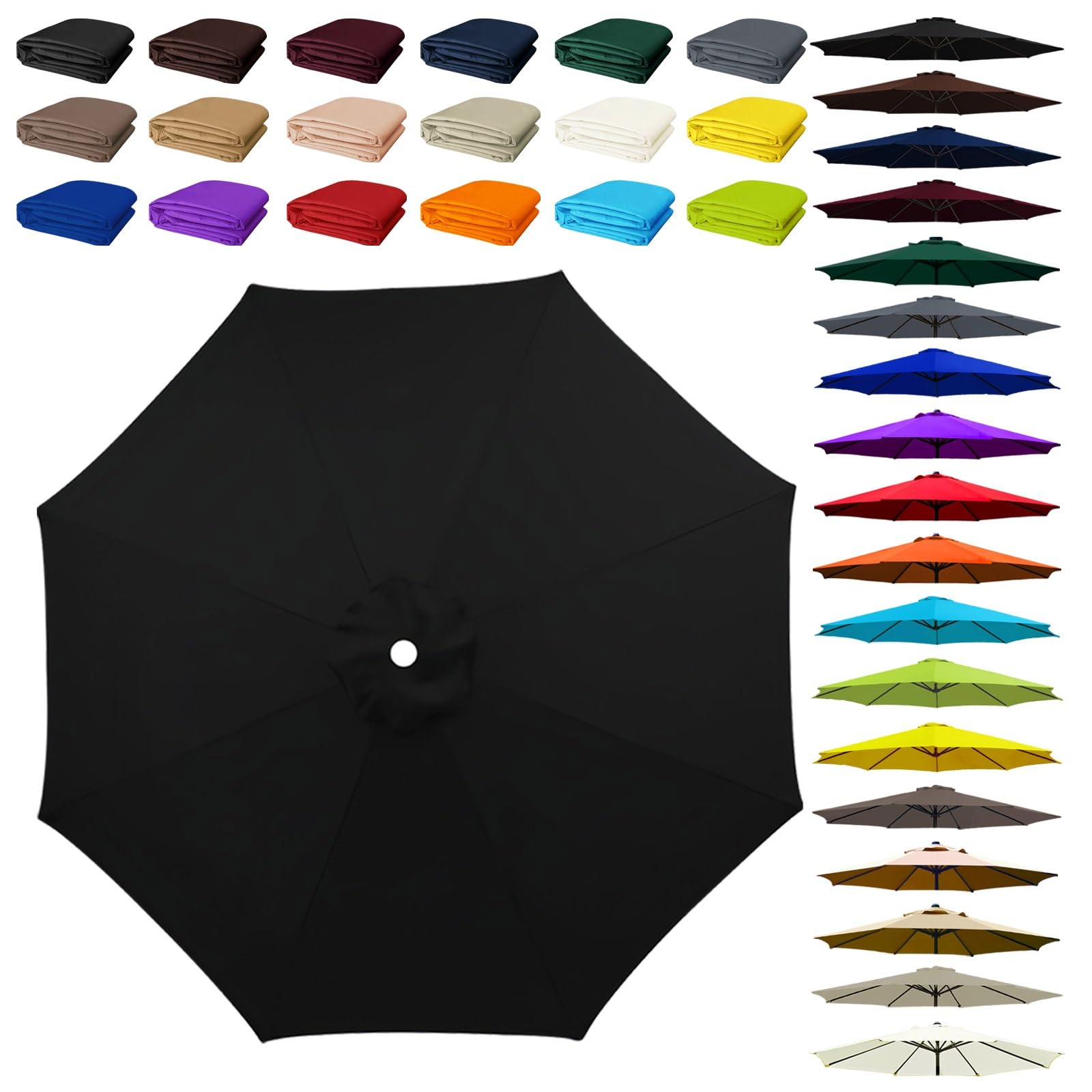 8 Arms Umbrella Replacement Cloth, Parasol Replacement Canopy, Polyester Fabric Parasol Canopy Cover, Breathable, UV Protective, for Garden, Market, Pool, Patio(Black,8 ribs: 2.30m/7.5ft)