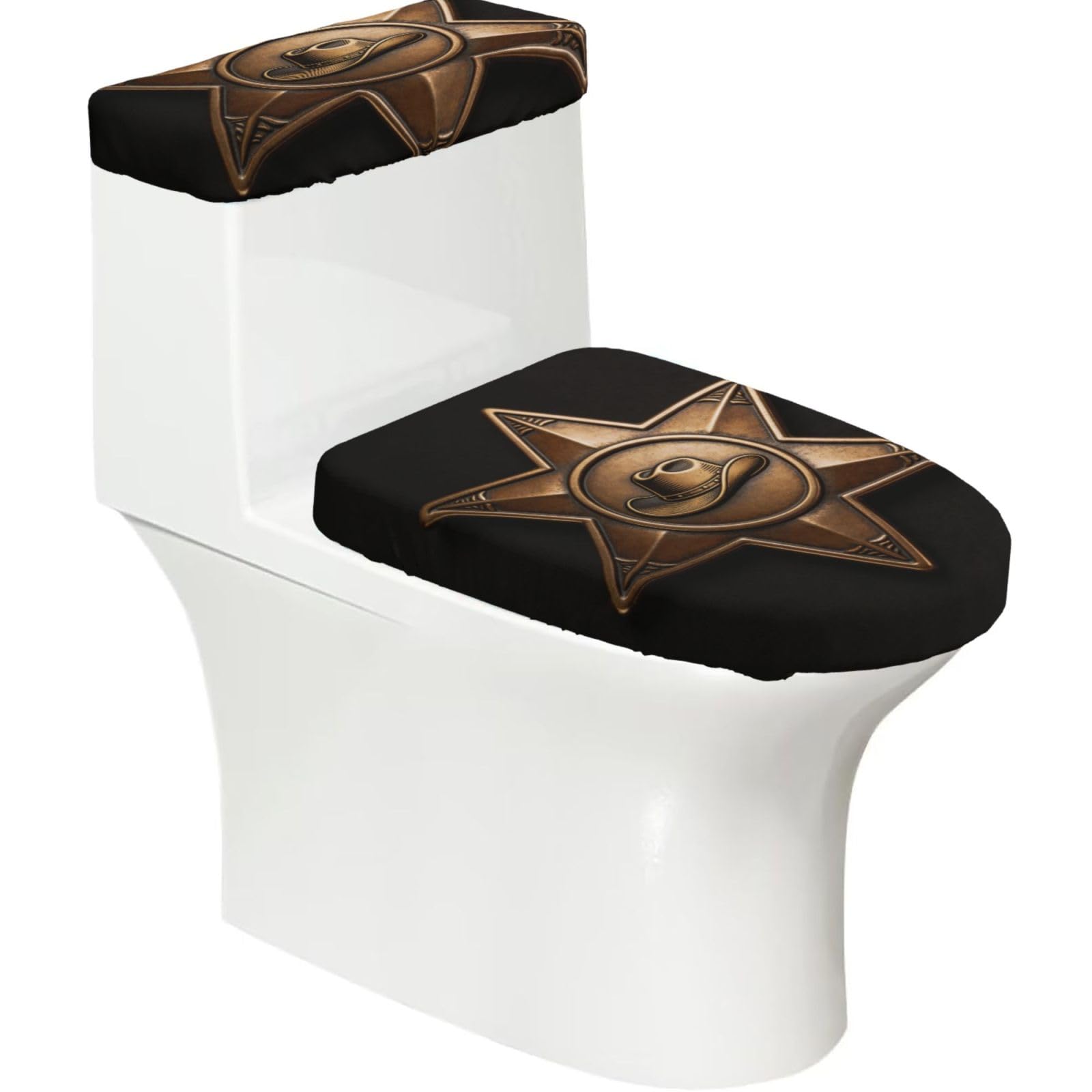 Sheriff Star Badge Elastic Toilet Cover Set of 2-Stretchy Lid and Tank Covers for Bathroom, Soft Washable U Shape Toilet Decor