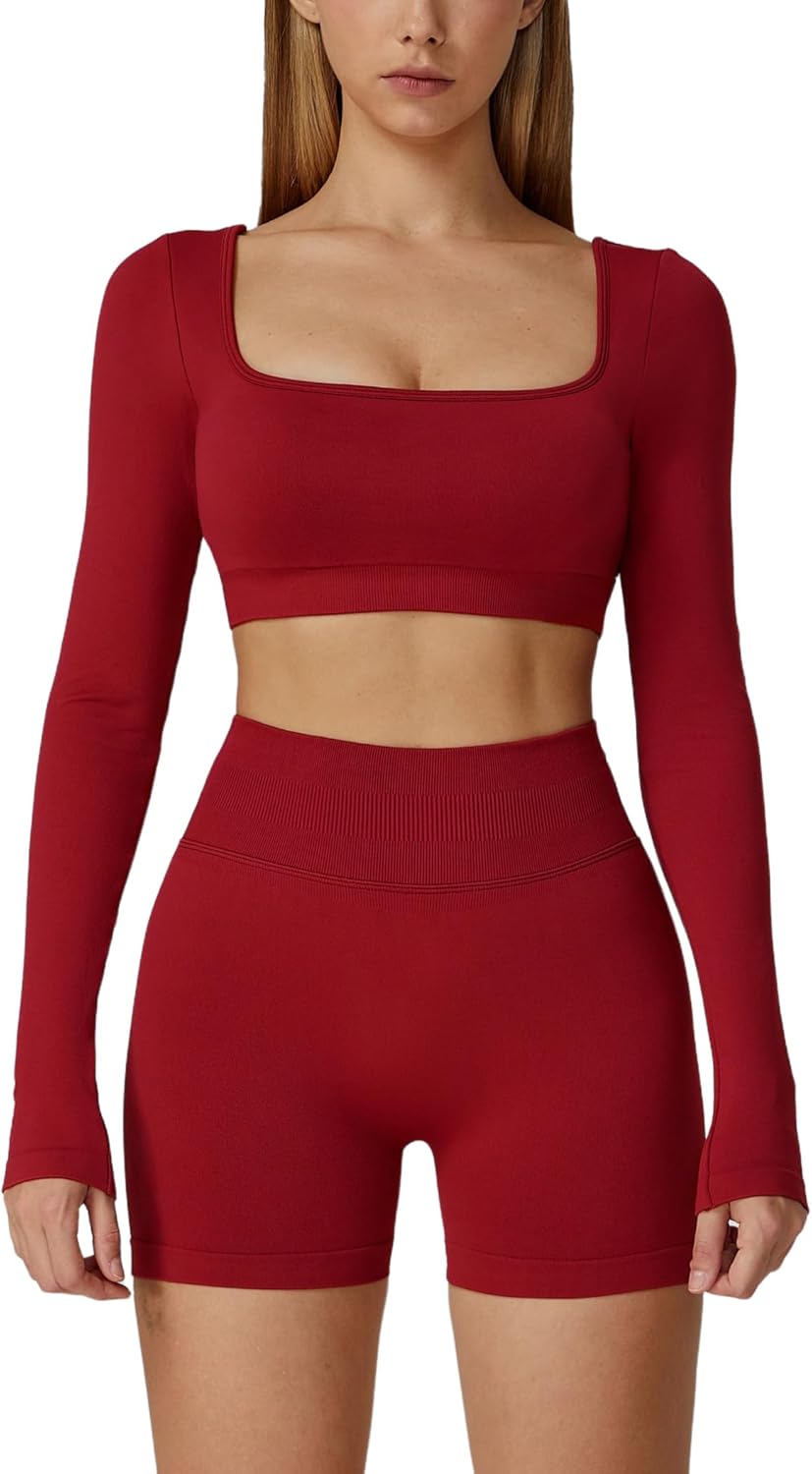 2 Piece Workout Sets for Women Long Sleeve Backless Crop Top and Butt-lifting Shorts Jogger Athletic Gym Outfits