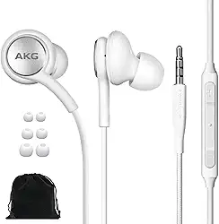 SAMSUNG AKG Fones de ouvido intra-auriculares originais com fio de 3,5 mm com controle remoto e microfone para música, chamadas telefônicas, trabalho - baixo profundo com isolamento de ruído, inclui bolsa de transporte de veludo - branco