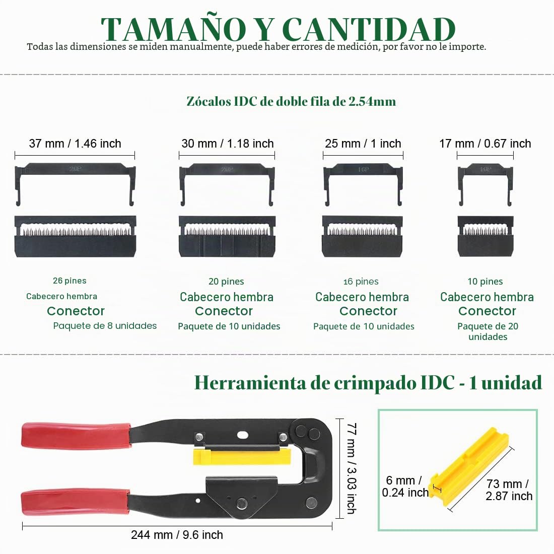 Keadic 50 unidades de 2,54 mm de paso dual filas IDC socket surtido kit 10 16 20 26 pines hembra conector de cable IDC