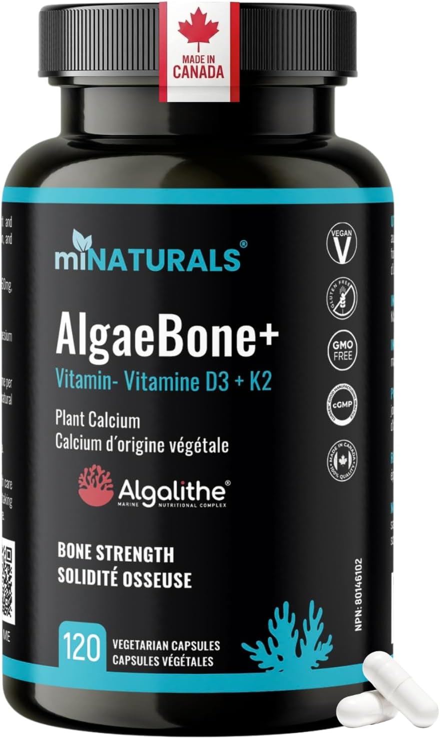 miNATURALS Calcium Supplements with Algalithe® Plant-Based Red Algae Calcium | Vitamin D3 (1000 IU) + K2 + Magnesium | Bone Strength & Density | Vegan Capsules | 120 ct | Made in Canada