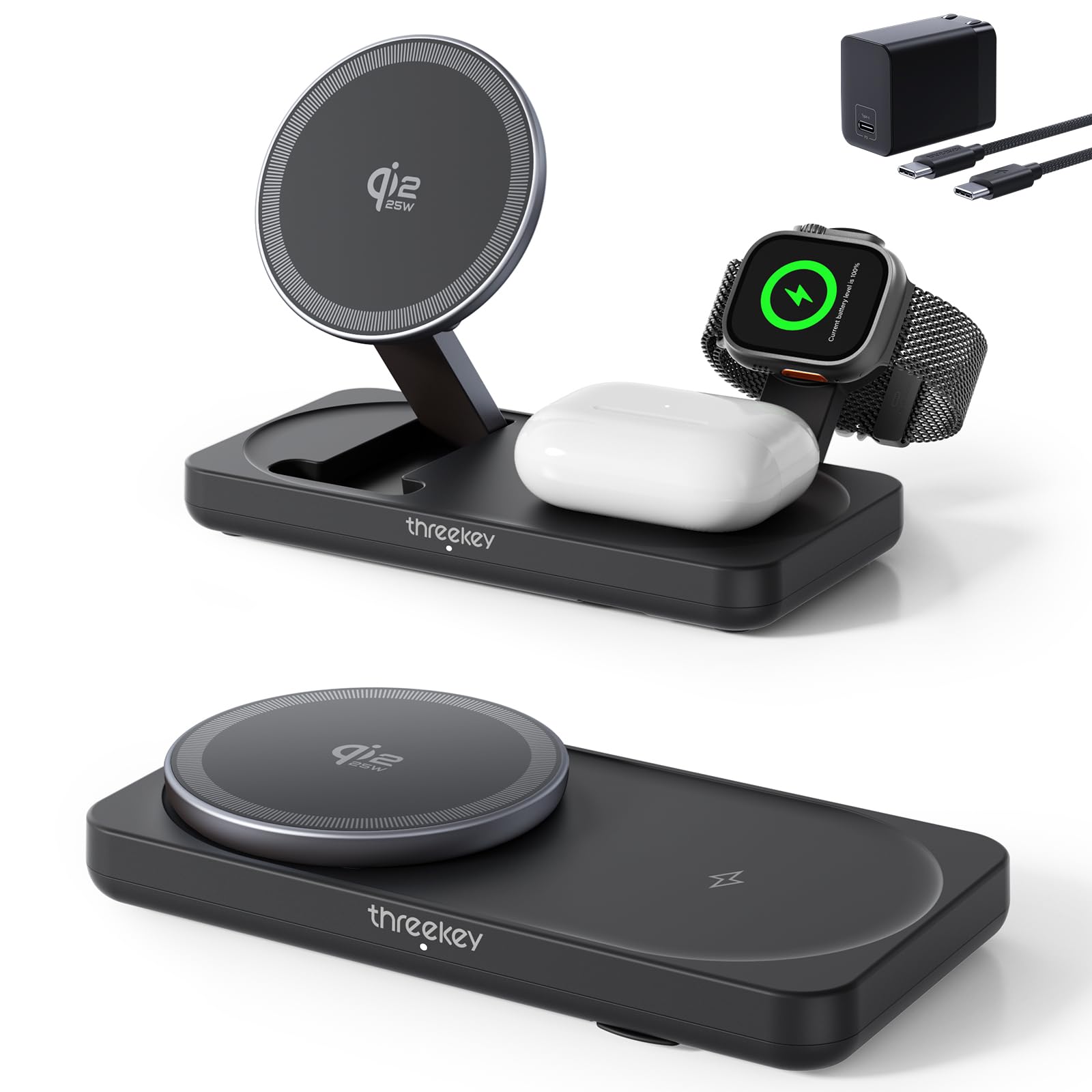 Amazon.co.jp: THREEKEY Qi2認証 ワイヤレス充電器 3in1 折りたたみ式