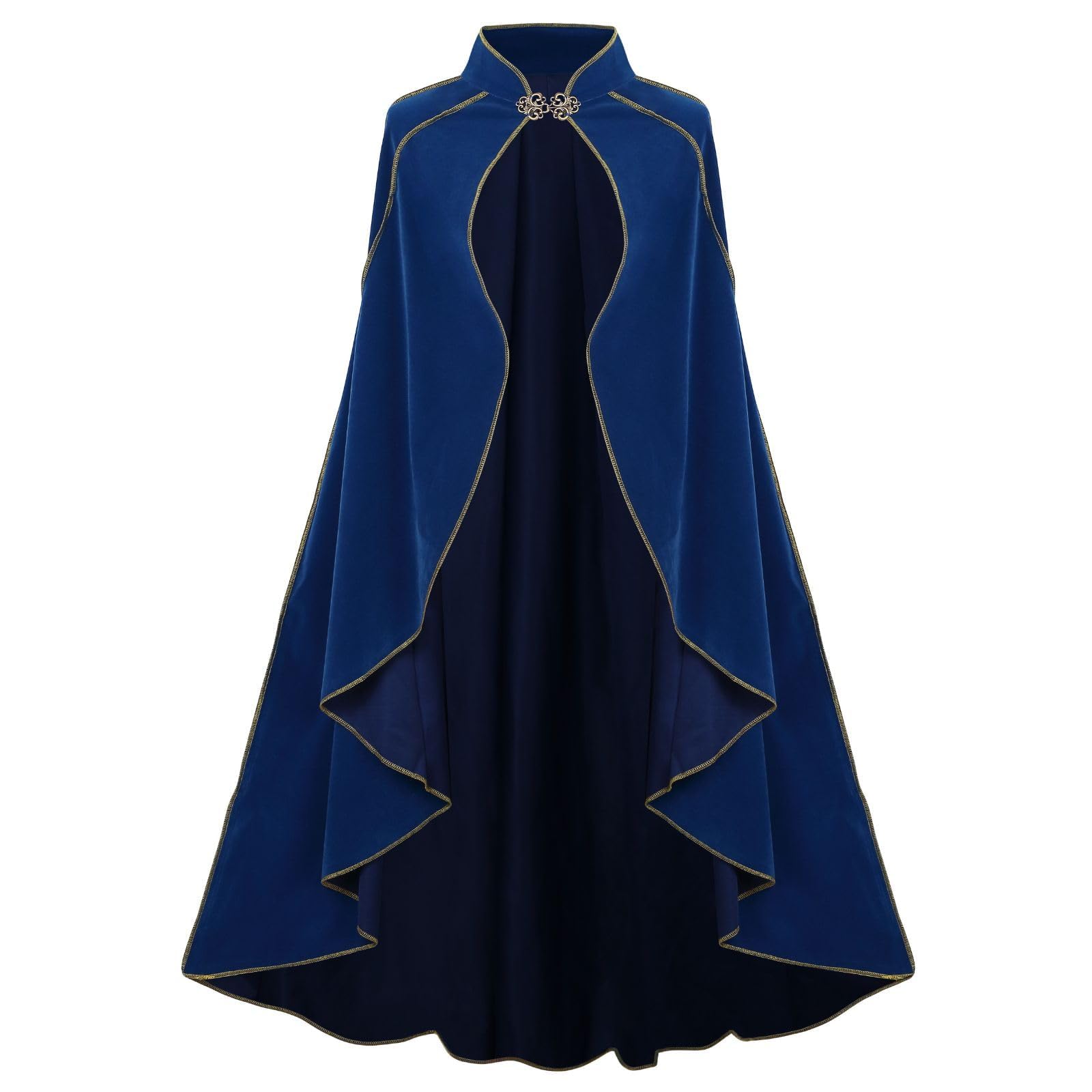 HAPNBCELE Women's Medieval Cloak Renaissance Velvet Cape with Stand-Up Collar Queen Empress Princess Costume Halloween Christmas Party Cosplay Dress Up (Blue, 51.1“/130cm)