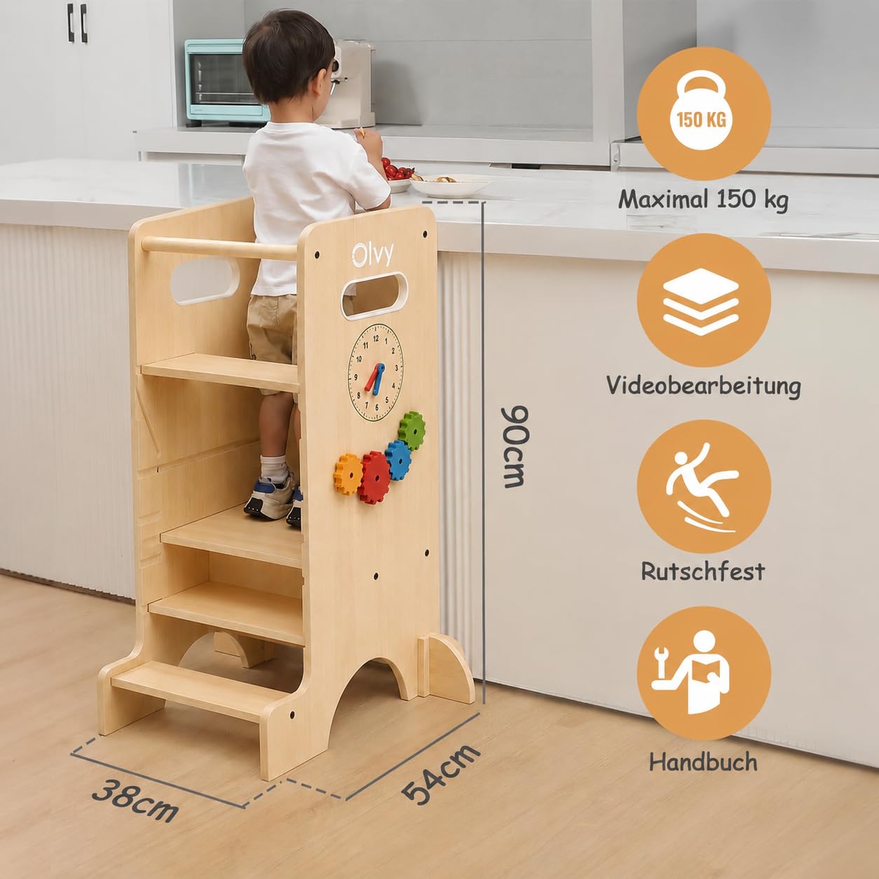 Olvy Kids 4-in-1 Montessori Lernturm - Learning Tower - Trittleiter Holz - Kindertritt 4 Stufen - Küchenturm Kinder - Steh Lernturm ab 1 Jahr - Kindertreppe Faltbar