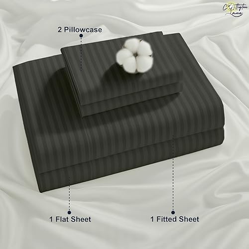 Miniatura 5 de Juego de sábanas de 4 piezas de algodón egipcio de alta calidad de 400 hilos, tamaño Queen de 12 pulgadas de profundidad (rayas gris oscuro)