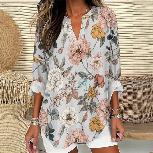 Plus Size Boho Tops for Women Roll Up Long Sleeve V Neck Loose Fit Blouses Casual Floral Print Soft Flowy Spring Tees2
