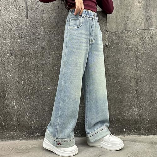 Girls Wide Leg Denim Pants High Elastic Waist Casual Jeans Cute Bow Streetwear Teen Clothes 5-17 Years2