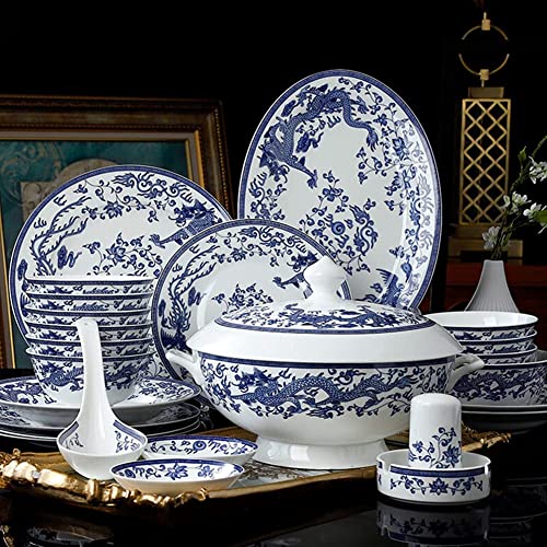 UWYTGF 60-Piece Dinnerware Sets,Chinese Plate and Bowl Set,Blue and White Glaze Medium-Color Bone China Set,for 10 People UWYTGF 60-Piece Dinnerware Sets,Chinese Plate and Bowl Set,Blue and White Glaze Medium-Color Bone China Set,for 10 People