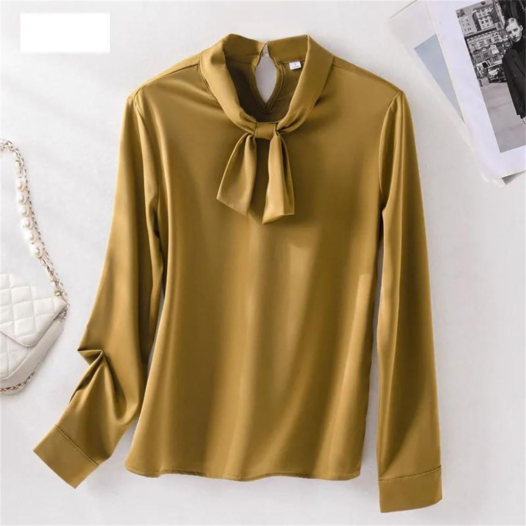 Elegante camisa de satén para mujer, con lazo, manga larga, pullove