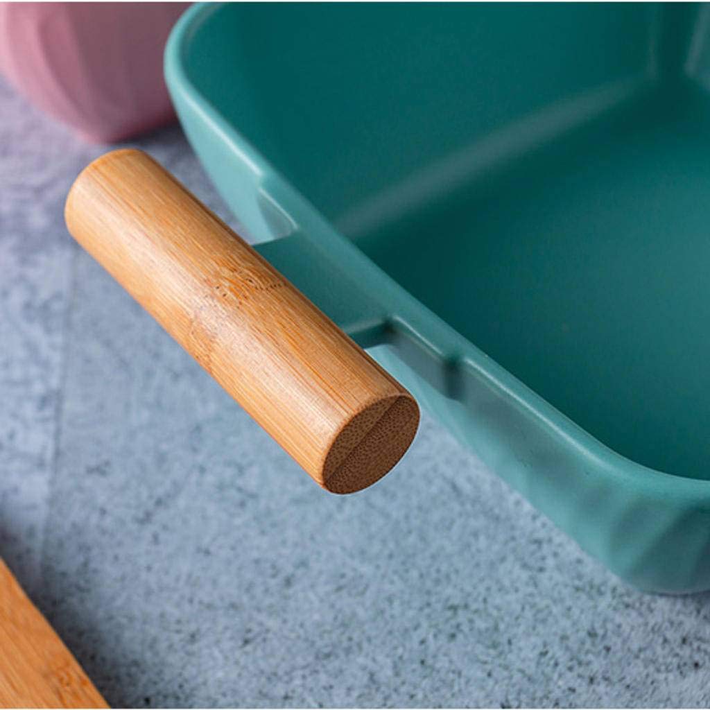 Suppenschüsseln mit Griff, Keramik im japanischen Stil Anti-Verbrühung Große Kapazität mit Holzdeckel Obstsalat Grün-1100ML