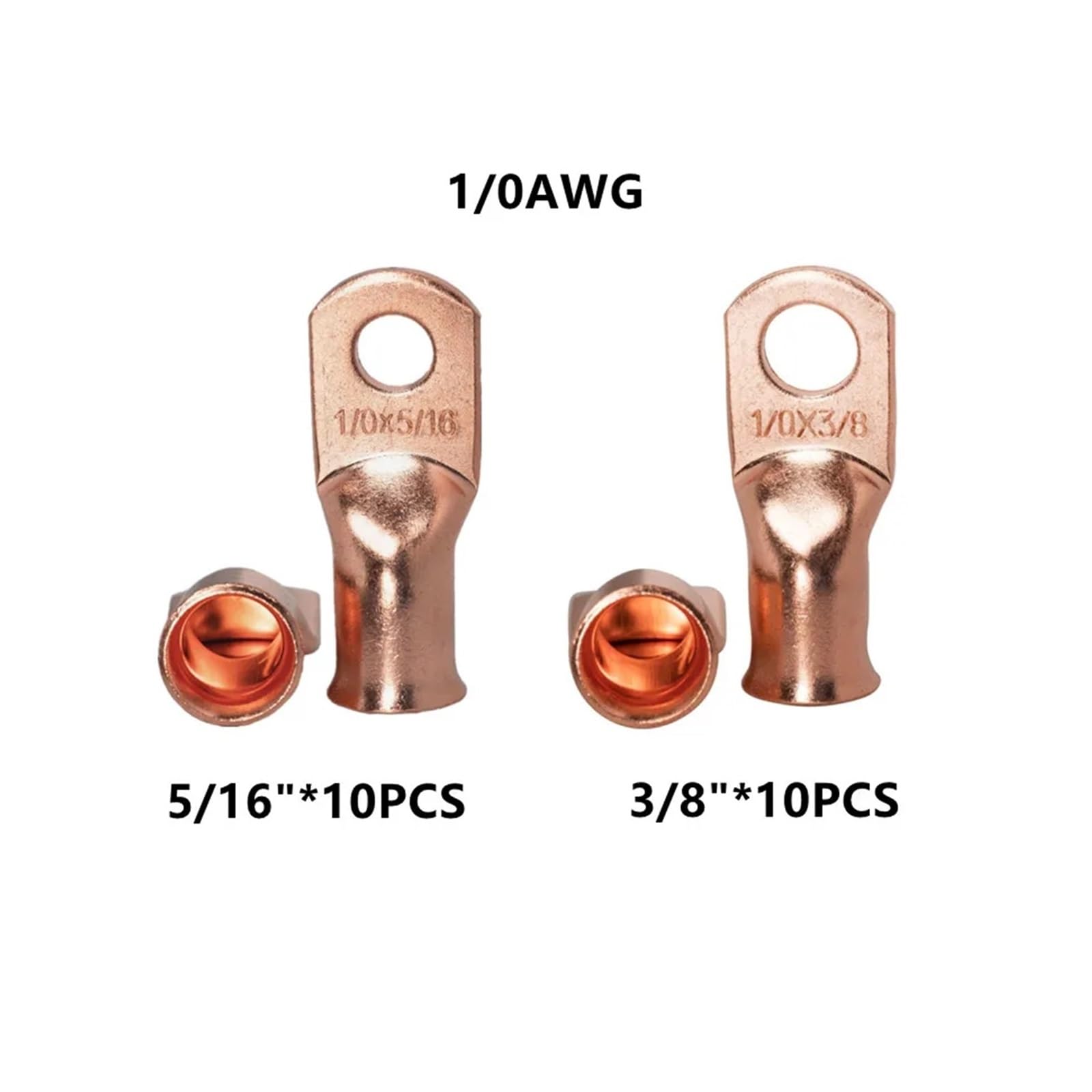 Lot de 100 cosses de batterie de voiture en cuivre, 4, 2, 1, 1/0, 2/0 AWG, 3/8" et 5/16", connecteurs de soudure for câbles à