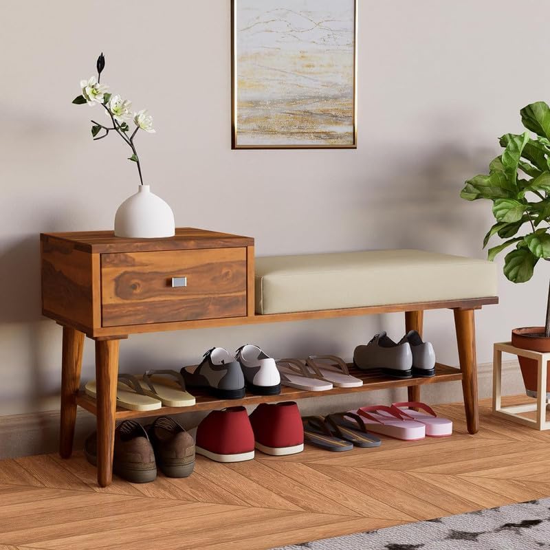 Image of VK Furniture Solid Sheesham Wood Shoe Rack with 1 Drawer Storage | Wooden Large Size Shoe Cabinet with Cushion Seating for Home, Living Room, Hotel, Enteryway (Honey Finish)