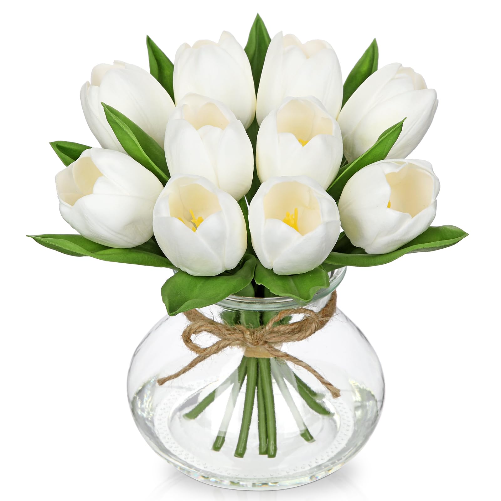 Hollyone Künstliche Tulpen Weiß Kunstblumen in Vase Real Touch Kunsttulpen mit Ovalen Glasvase Frühling Dekoration Seidenblumen für Home Wohnzimmer Bad Tischdeko