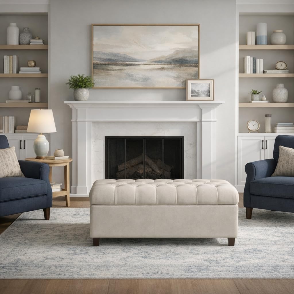 Homepop Home Decor | Tufted Ainsley Button Storage Ottoman Bench with Hinged Lid | Ottoman Bench with Storage for Living Room & Bedroom, Soft Cream, Textured Neutral