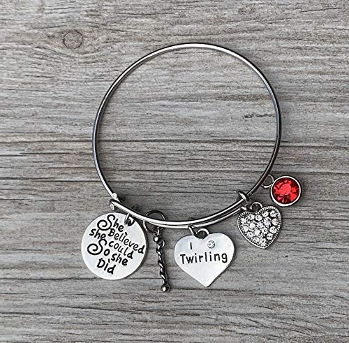 Miniatura 3 de Personalized Twirling Charm Birthstone Bangle Bracelet- She Believed She Could So She Did- Twirling Jewelry - Majorette Bracelet for Baton Twirler